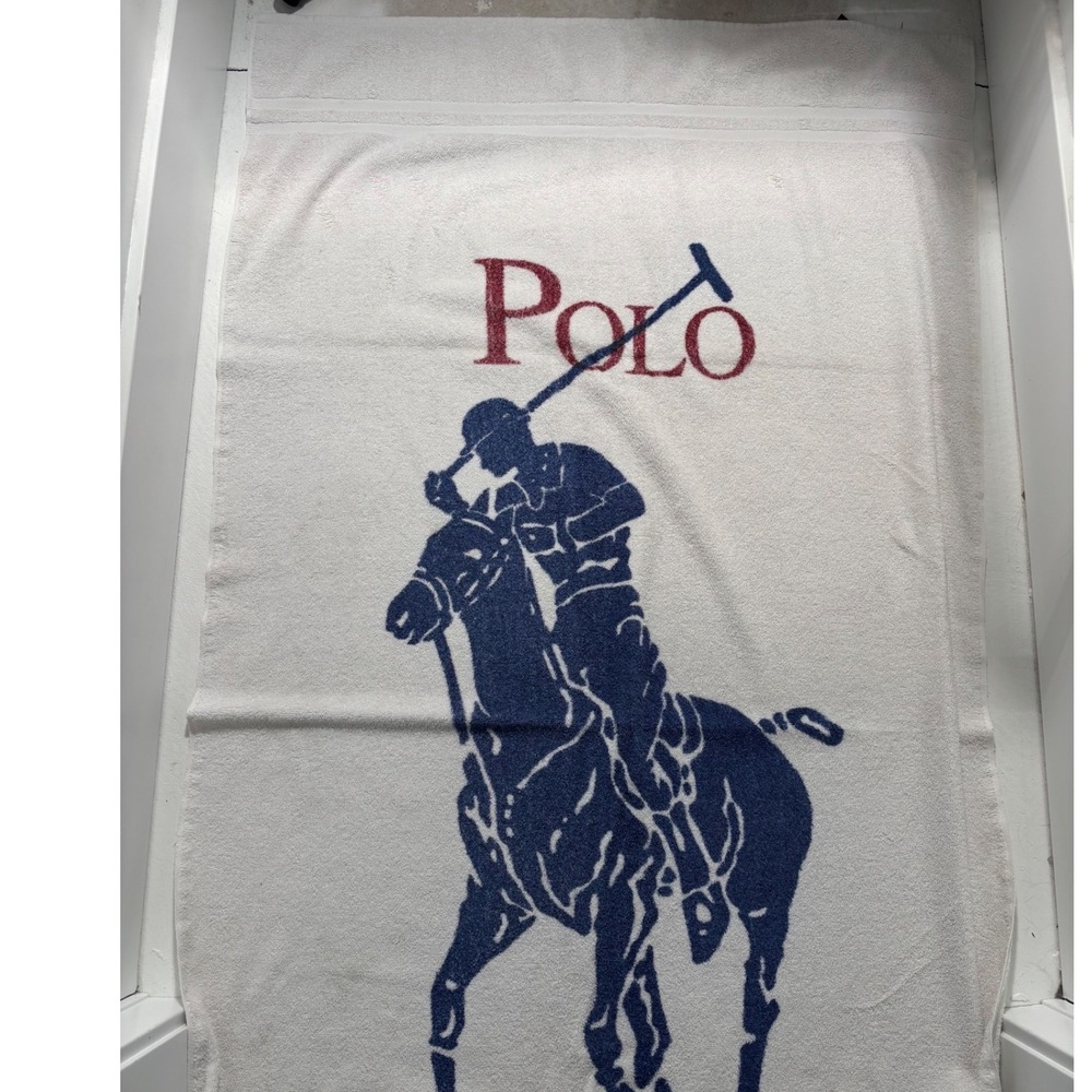 Vintage Ralph Lauren Polo Beach Towel White Blue Red Big Pony Logo 66x33 Cotton
